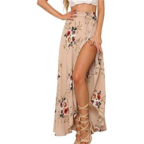 Boho Nude Floral Print Tie Waist Wrap Maxi Skirt Leg Slit Flowy Skirt Cover Up - Picture 3 of 10
